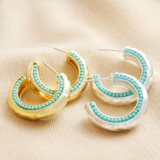 Teal Stone Hammered Hoop Earrings in Gold