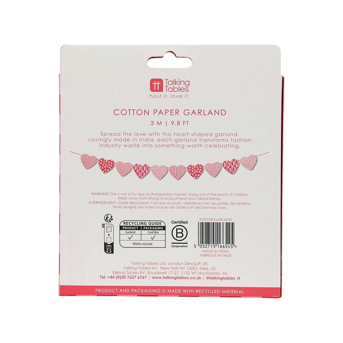 Recycled Cotton Paper Heart Garland - 2m | Valentines |