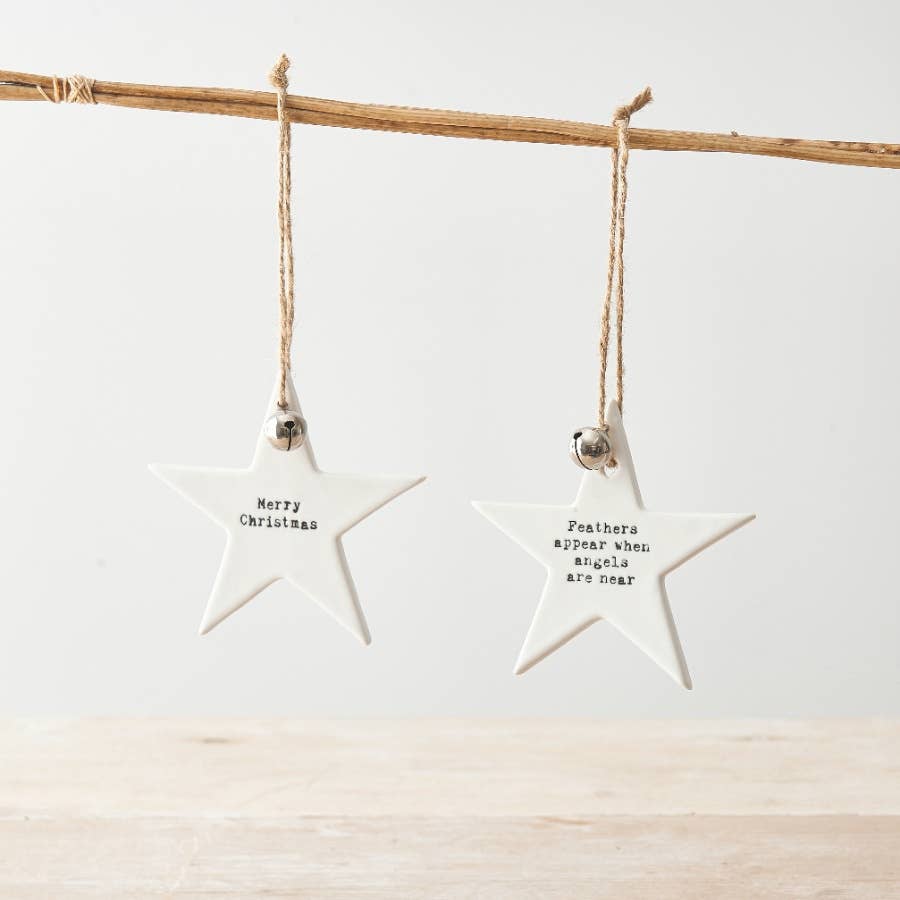 Porcelain Embossed Star Hanger, Merry Christmas
