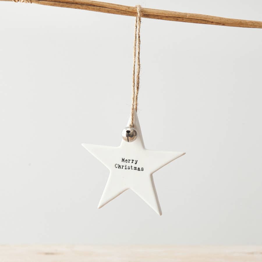 Porcelain Embossed Star Hanger, Merry Christmas