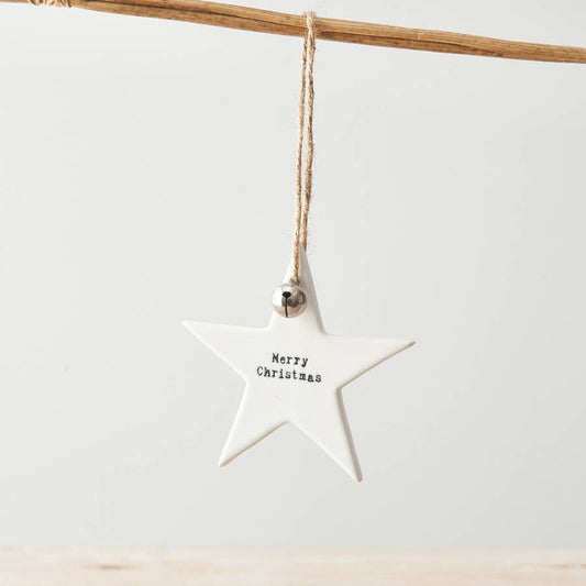 Porcelain Embossed Star Hanger, Merry Christmas