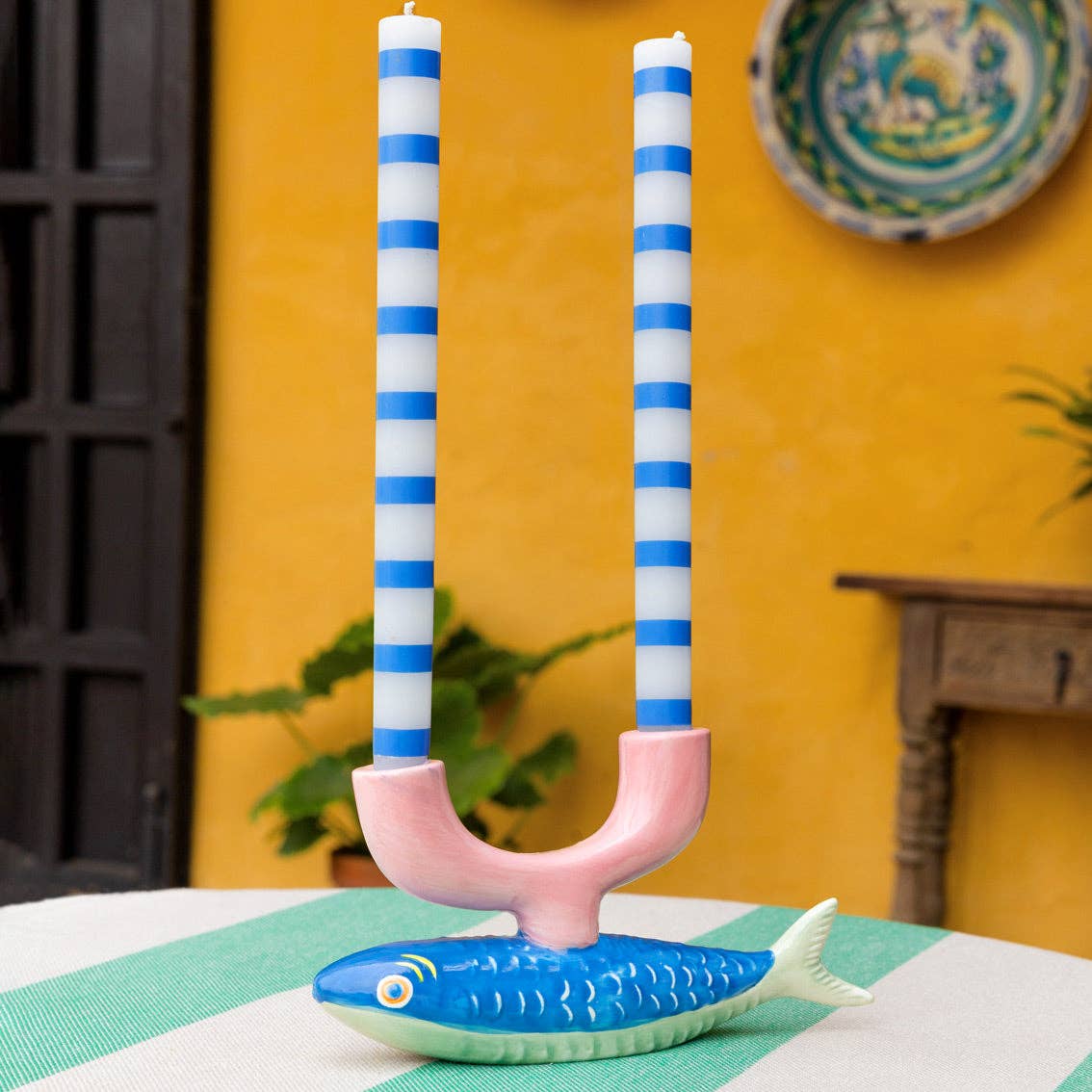 Blue & White Stripe Dinner Candles - Display | Home Decor |